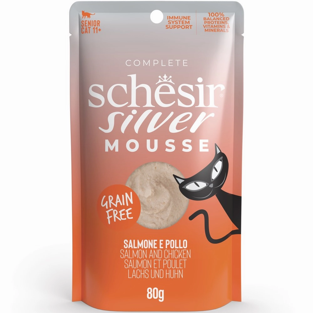 15% OFF: Schesir Silver Mousse Salmon & Chicken Grain-Free Senior Pouch Cat Food 80g cat food cans soft cat food high protein cat food natural cat food senior cat food