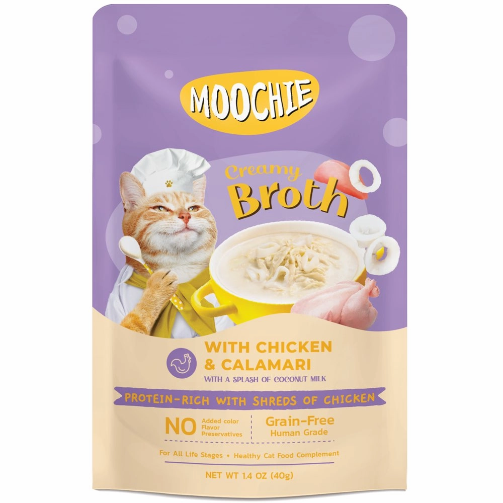 20% OFF: Moochie Creamy Broths With Chicken & Calamari Grain-Free Pouch Cat Food 40g x 16 cat snacks catnip treats healthy cat food cat reward treats low calorie cat food