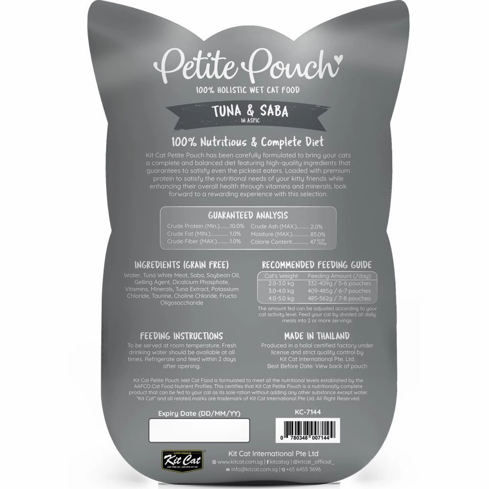 30% OFF: Kit Cat Petite Pouch Tuna & Saba In Aspic Grain-Free Pouch Cat Food 70g x 12