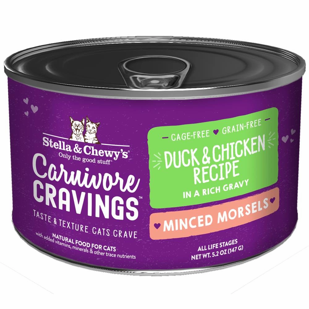 3 FOR $14.40: Stella & Chewy Carnivore Cravings Minced Morsels Duck & Chicken In Gravy Grain-Free Canned Cat Food 5.2oz cat snacks catnip treats healthy cat food cat reward treats low calorie cat food