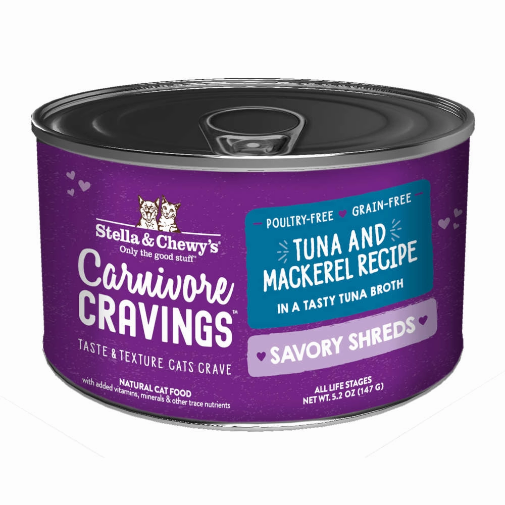 3 FOR $14.40: Stella & Chewy's Carnivore Cravings Savory Shreds Tuna & Mackerel in Broth Grain-Free Canned Cat Food 5.2oz cat food cans soft cat food high protein cat food natural cat food senior cat food