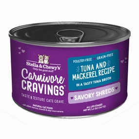 3 FOR $14.40: Stella & Chewy's Carnivore Cravings Savory Shreds Tuna & Mackerel in Broth Grain-Free Canned Cat Food 5.2oz cat food cans soft cat food high protein cat food natural cat food senior cat food