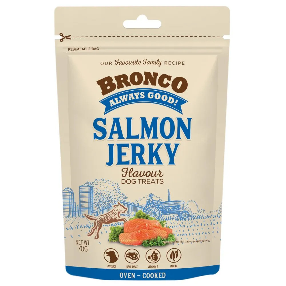 4 FOR $11.50: Bronco Jerky Salmon Flavour Chicken Dog Treats 70g no pull dog harness nylon dog leash dog walking set dog vest harness pet lead