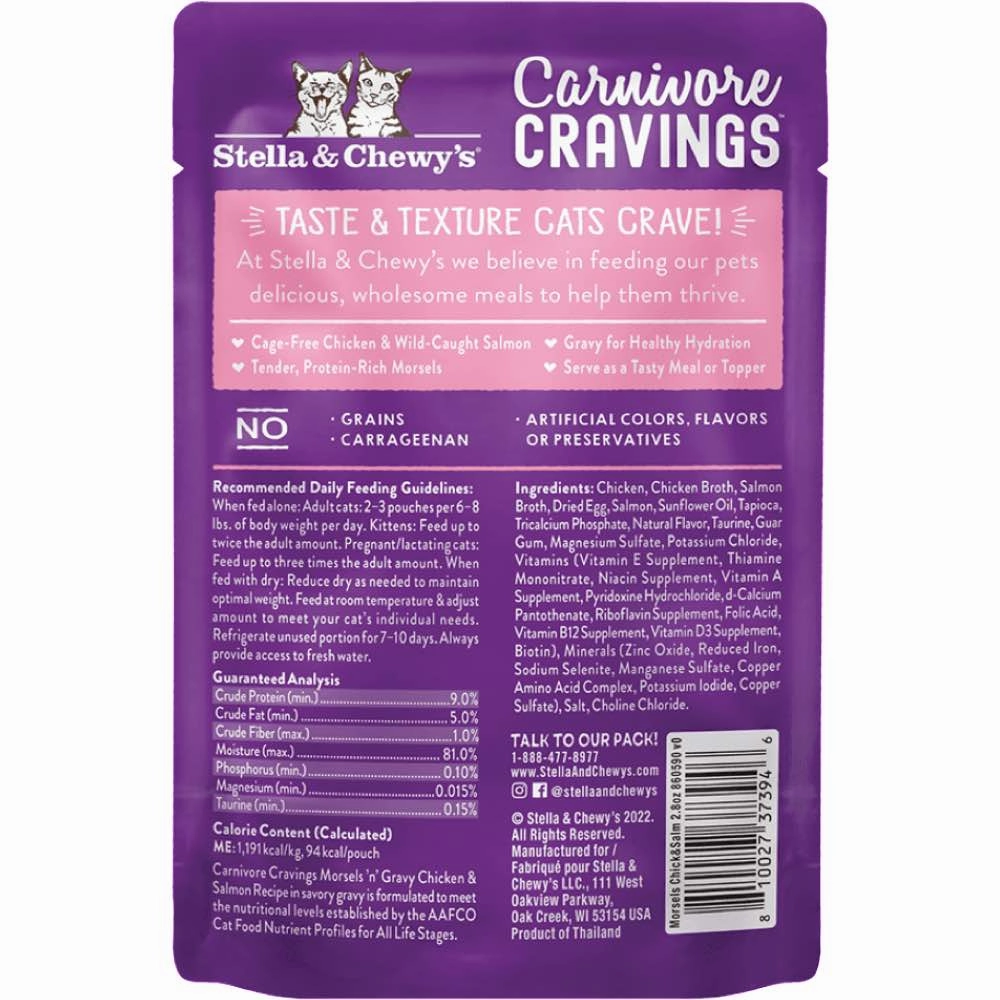 4 FOR $13.60: Stella & Chewy's Carnivore Cravings Morsels 'N' Gravy Chicken & Salmon Grain-Free Pouch Cat Food 2.8oz