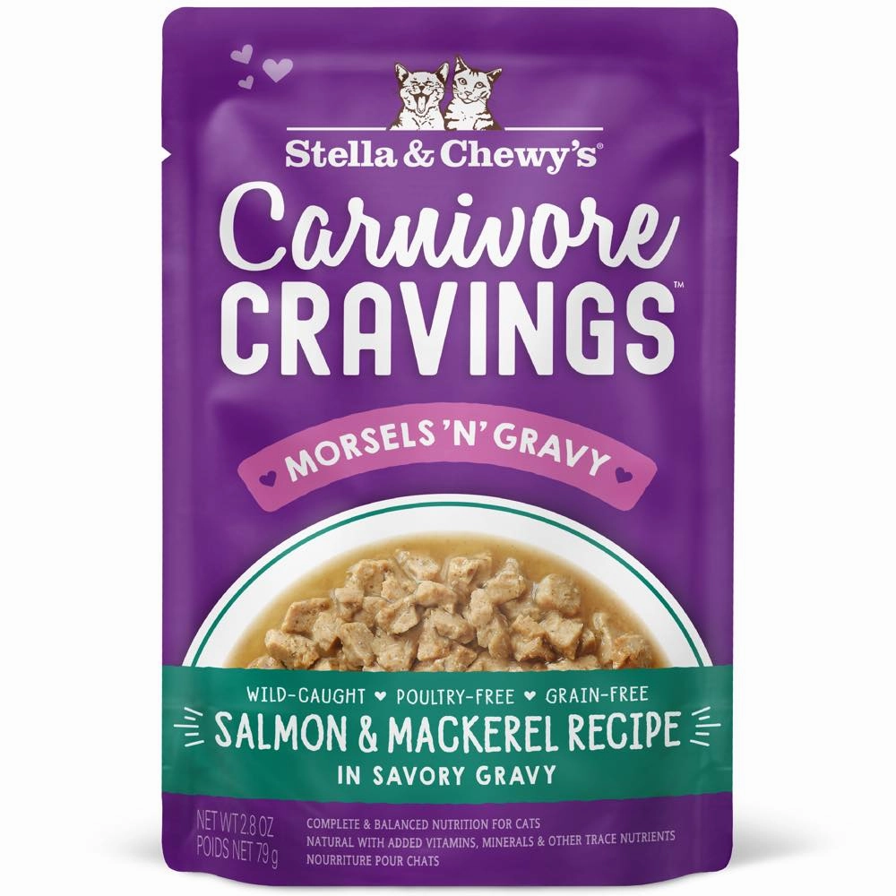 4 FOR $13.60: Stella & Chewy's Carnivore Cravings Morsels 'N' Gravy Salmon & Mackerel Grain-Free Pouch Cat Food 2.8oz dry cat food cat treats grain free cat food kitten treats cat dental treats