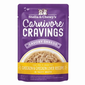 4 FOR $13.60: Stella & Chewy's Carnivore Cravings Savory Shreds Chicken & Chicken Liver In Broth Grain-Free Pouch Cat Food 2.8oz cat food cans soft cat food high protein cat food natural cat food senior cat food