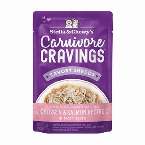 4 FOR $13.60: Stella & Chewy's Carnivore Cravings Savory Shreds Chicken & Salmon In Broth Grain-Free Pouch Cat Food 2.8oz cat food cans soft cat food high protein cat food natural cat food senior cat food