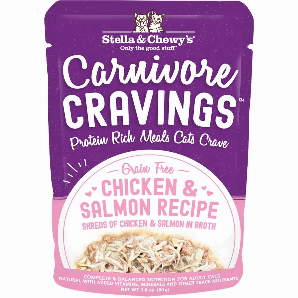 4 FOR $13.60: Stella & Chewy's Carnivore Cravings Savory Shreds Chicken & Salmon In Broth Grain-Free Pouch Cat Food 2.8oz