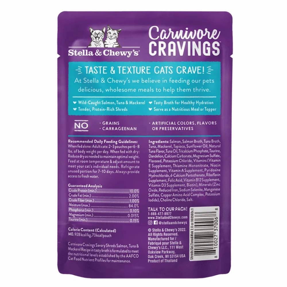 4 FOR $13.60: Stella & Chewy's Carnivore Cravings Savory Shreds Salmon, Tuna & Mackerel In Broth Grain-Free Pouch Cat Food 2.8oz