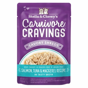 4 FOR $13.60: Stella & Chewy's Carnivore Cravings Savory Shreds Salmon, Tuna & Mackerel In Broth Grain-Free Pouch Cat Food 2.8oz dry cat food cat treats grain free cat food kitten treats cat dental treats