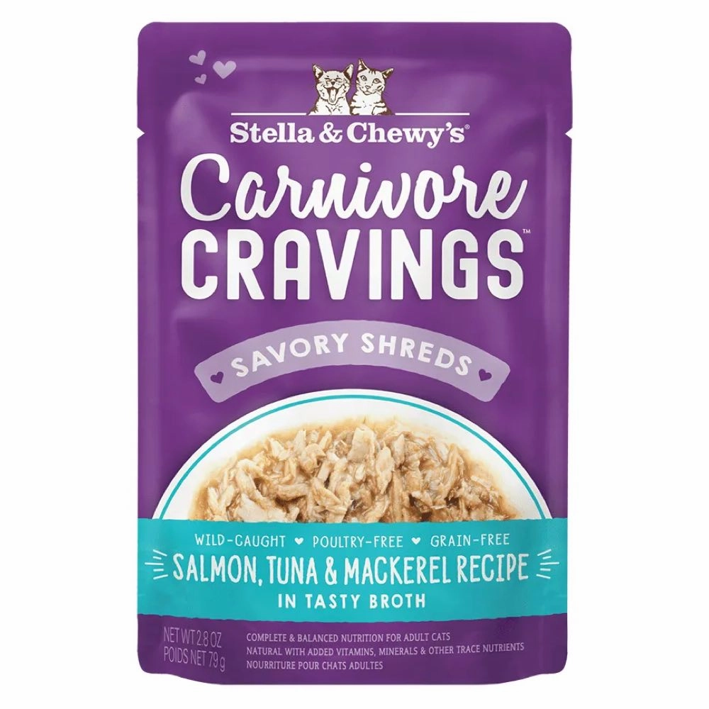 4 FOR $13.60: Stella & Chewy's Carnivore Cravings Savory Shreds Salmon, Tuna & Mackerel In Broth Grain-Free Pouch Cat Food 2.8oz dry cat food cat treats grain free cat food kitten treats cat dental treats