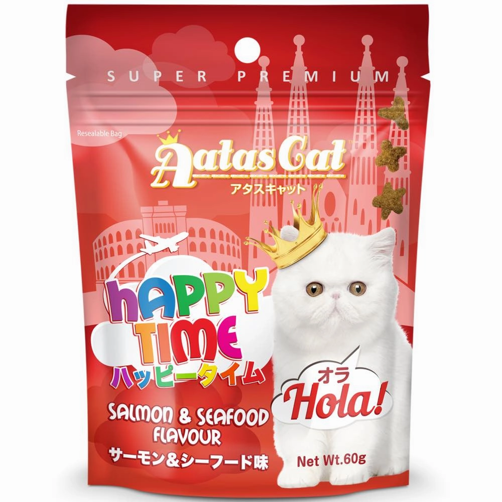 4 FOR $9 (Exp Aug 25): Aatas Cat Happy Time Hola! Salmon & Seafood Cat Treats 60g cat snacks catnip treats healthy cat food cat reward treats low calorie cat food