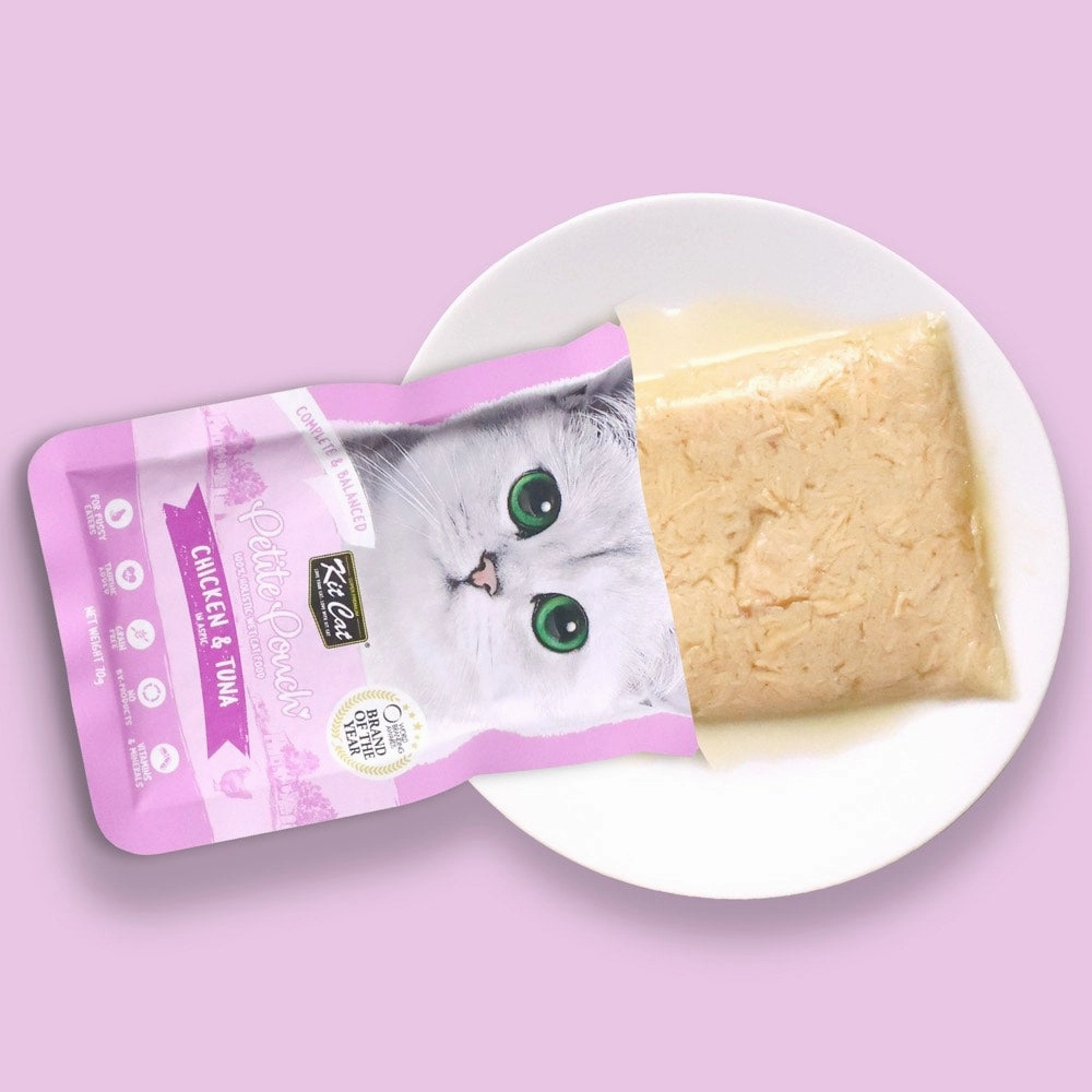 '35% OFF (Exp 27Sep25)': Kit Cat Petite Pouch Chicken & Tuna In Aspic Grain-Free Pouch Cat Food 70g x 12