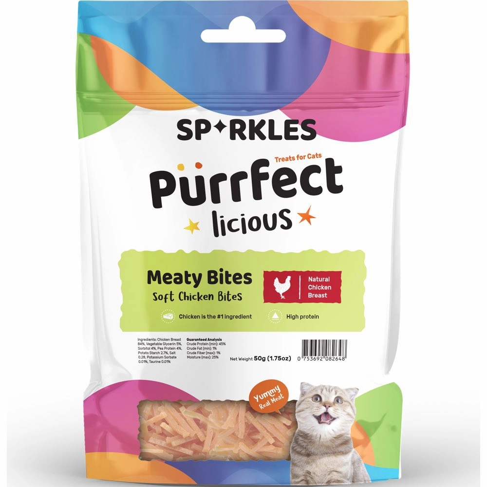 '3 FOR $6 (Exp 3Jul25)': Sparkles Purrfectlicious Meaty Bites Soft Chicken Bites Cat Treats 50g dog chew toys dog dental chews durable chew toys puppy chew toy bone chew