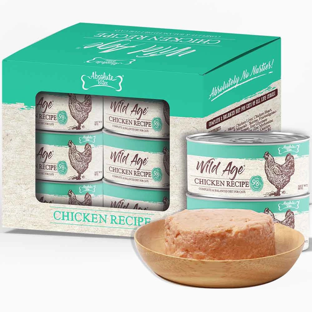 Absolute Bites Wild Age Chicken Complete & Balanced Diet Canned Cat Food 80g - Box of 6 cat snacks catnip treats healthy cat food cat reward treats low calorie cat food