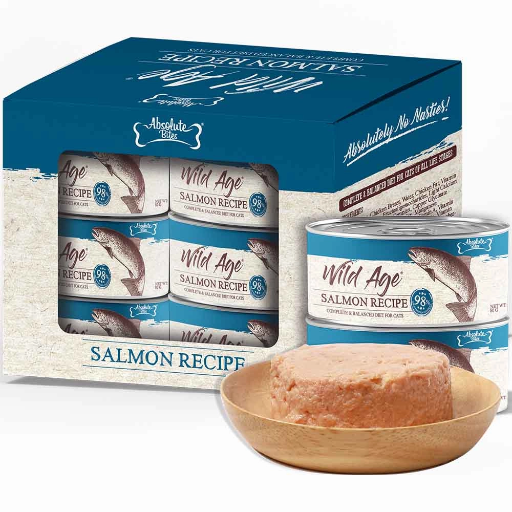 Absolute Bites Wild Age Salmon Complete & Balanced Diet Canned Cat Food 80g - Box of 6 cat snacks catnip treats healthy cat food cat reward treats low calorie cat food
