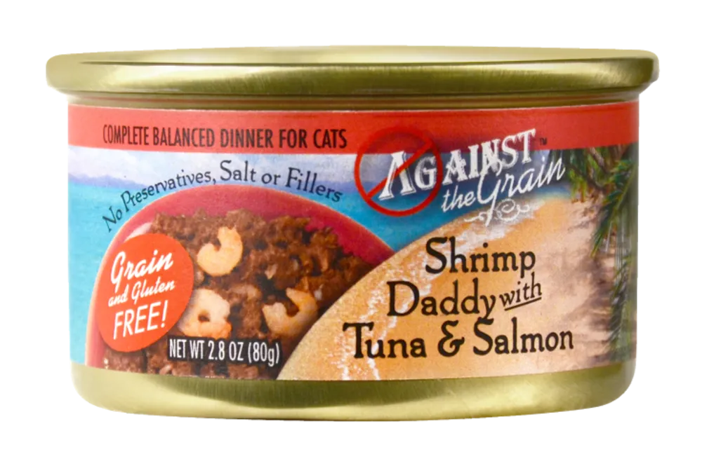 Against the Grain Shrimp Daddy with Tuna and Salmon Canned Cat Food cat calming diffuser cat stress relief anxiety cat treats cat relaxing spray pet mood aid