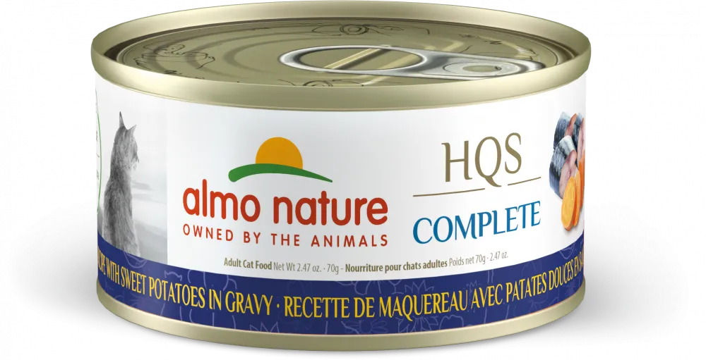 Almo Nature HQS Complete Cat Grain Free Mackerel with Sweet Potatoes In Gravy Canned Cat Food cat calming diffuser cat stress relief anxiety cat treats cat relaxing spray pet mood aid