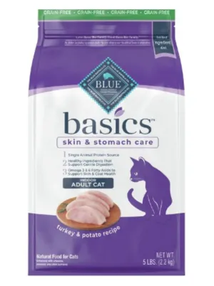 Blue Buffalo Basics Skin & Stomach Care Grain-Free Indoor Adult Turkey & Potato Recipe Dry Cat Food freeze dried dog food raw food for dogs dog freeze meal high protein dog food grain free freeze dog food