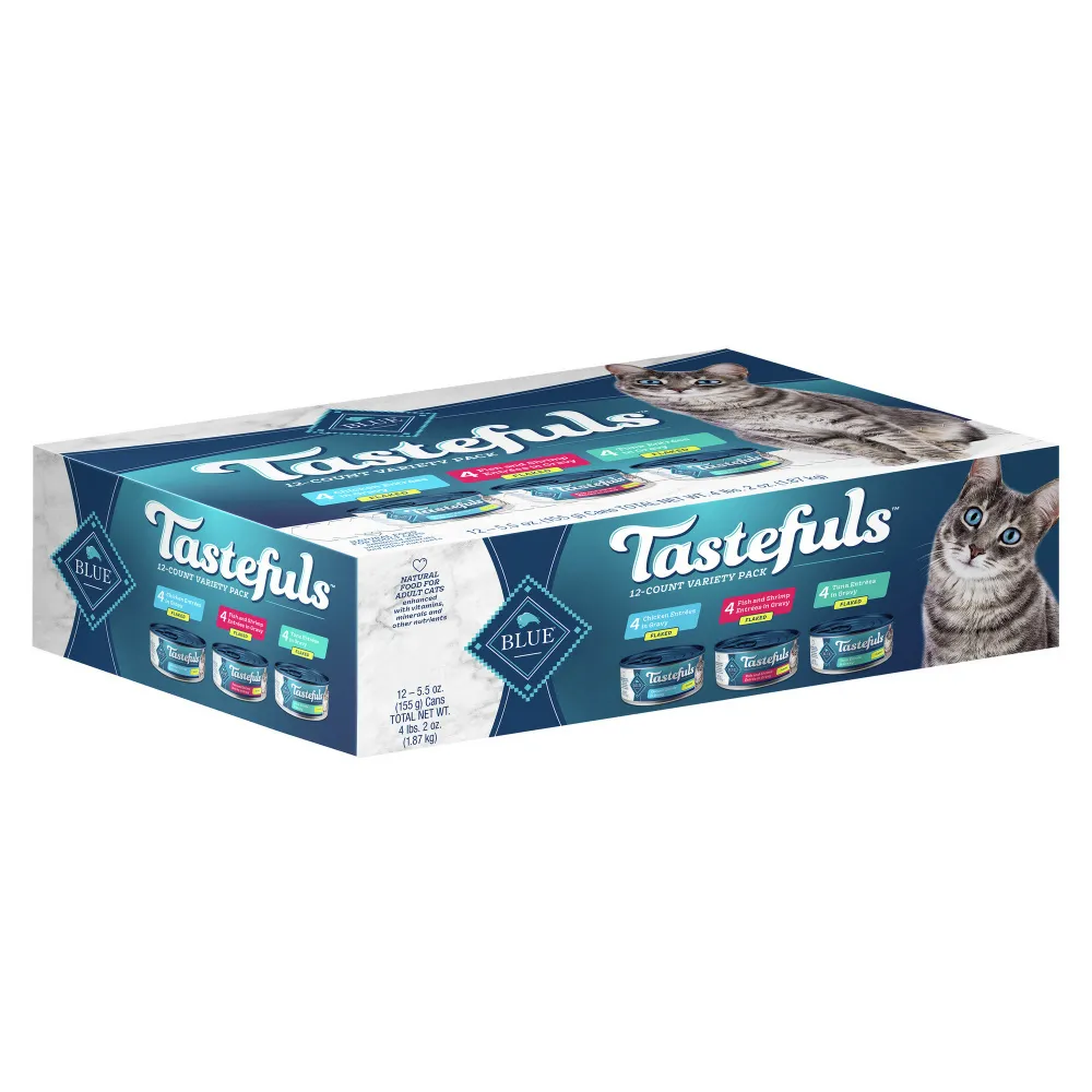 Blue Buffalo Tastefuls Adult Natural Flaked Variety Pack with Tuna, Chicken, and Fish & Shrimp Entrees in Gravy Wet Cat Food cat calming diffuser cat stress relief anxiety cat treats cat relaxing spray pet mood aid