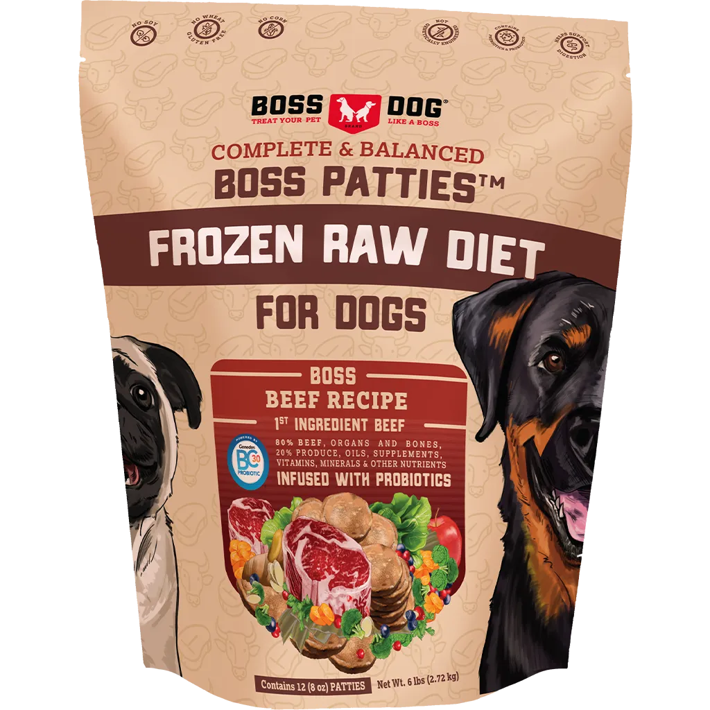 Boss Dog Frozen Complete Raw Beef 8oz. Patties 6lb Bag livestock health goat wellness poultry spray cattle health aid goat nutrition
