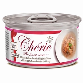 Cherie Flaked Yellowfin Mix Skipjack Tuna With Wild Salmon Entres In Gravy Canned Cat Food 80g cat snacks catnip treats healthy cat food cat reward treats low calorie cat food