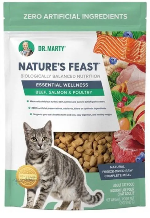 Dr. Marty Freeze-Dried Nature's Feast Beef, Salmon & Poultry Cat Food cat supplies cat house cat tree cat feeder cat collar