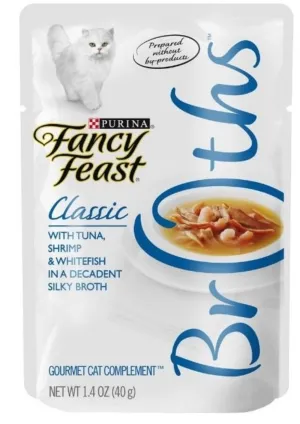 Fancy Feast Classic Broths with Tuna, Shrimp & Whitefish Cat Food Pouches cat calming diffuser cat stress relief anxiety cat treats cat relaxing spray pet mood aid