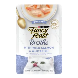 Fancy Feast Creamy Broths With Wild Salmon & Whitefish Supplemental Cat Food Pouches cat calming diffuser cat stress relief anxiety cat treats cat relaxing spray pet mood aid