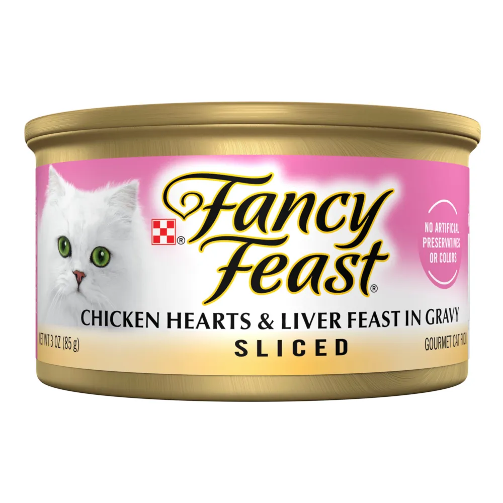Fancy Feast Sliced Chicken Hearts and Liver Feast Canned Cat Food cat calming diffuser cat stress relief anxiety cat treats cat relaxing spray pet mood aid