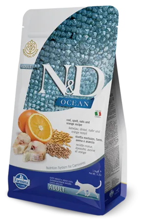 Farmina Ocean N&D Natural & Delicious Adult Cod, Spelt, Oats & Orange Dry Cat Food freeze dried dog food raw food for dogs dog freeze meal high protein dog food grain free freeze dog food
