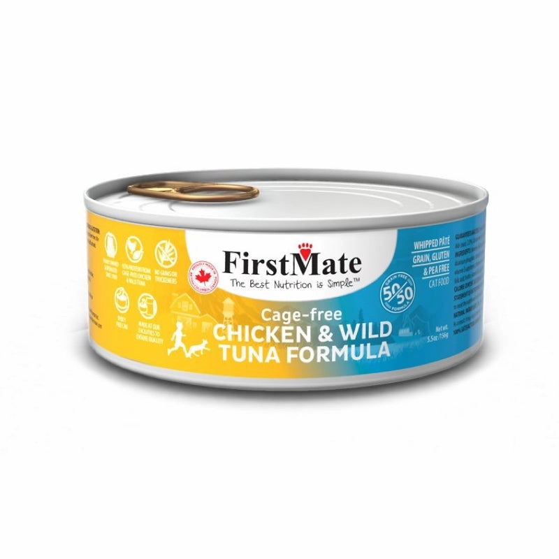 FirstMate Grain Free 50/50 Cage Free Chicken & Wild Tuna Formula Canned Cat Food 156g cat food cans soft cat food high protein cat food natural cat food senior cat food