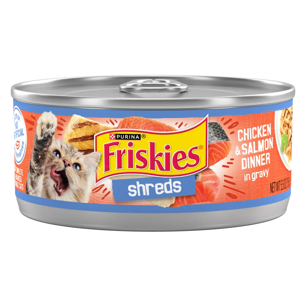 Friskies Savory Shreds Chicken And Salmon Dinner In Gravy Canned Cat Food cat calming diffuser cat stress relief anxiety cat treats cat relaxing spray pet mood aid