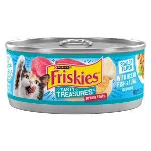 Friskies Tasty Treasures Prime Fillet with Ocean Fish & Tuna Scallop Flavor Canned Cat Food cat calming diffuser cat stress relief anxiety cat treats cat relaxing spray pet mood aid