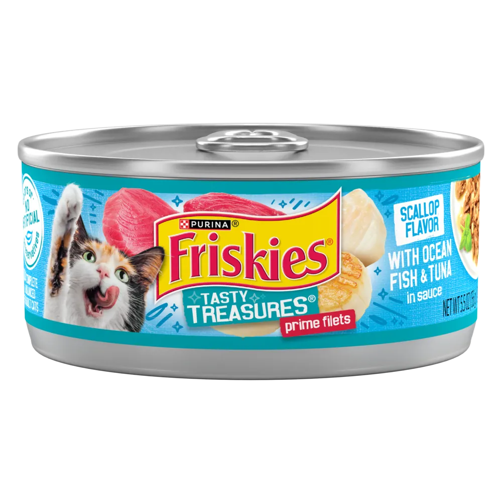Friskies Tasty Treasures Prime Fillet with Ocean Fish & Tuna Scallop Flavor Canned Cat Food cat calming diffuser cat stress relief anxiety cat treats cat relaxing spray pet mood aid