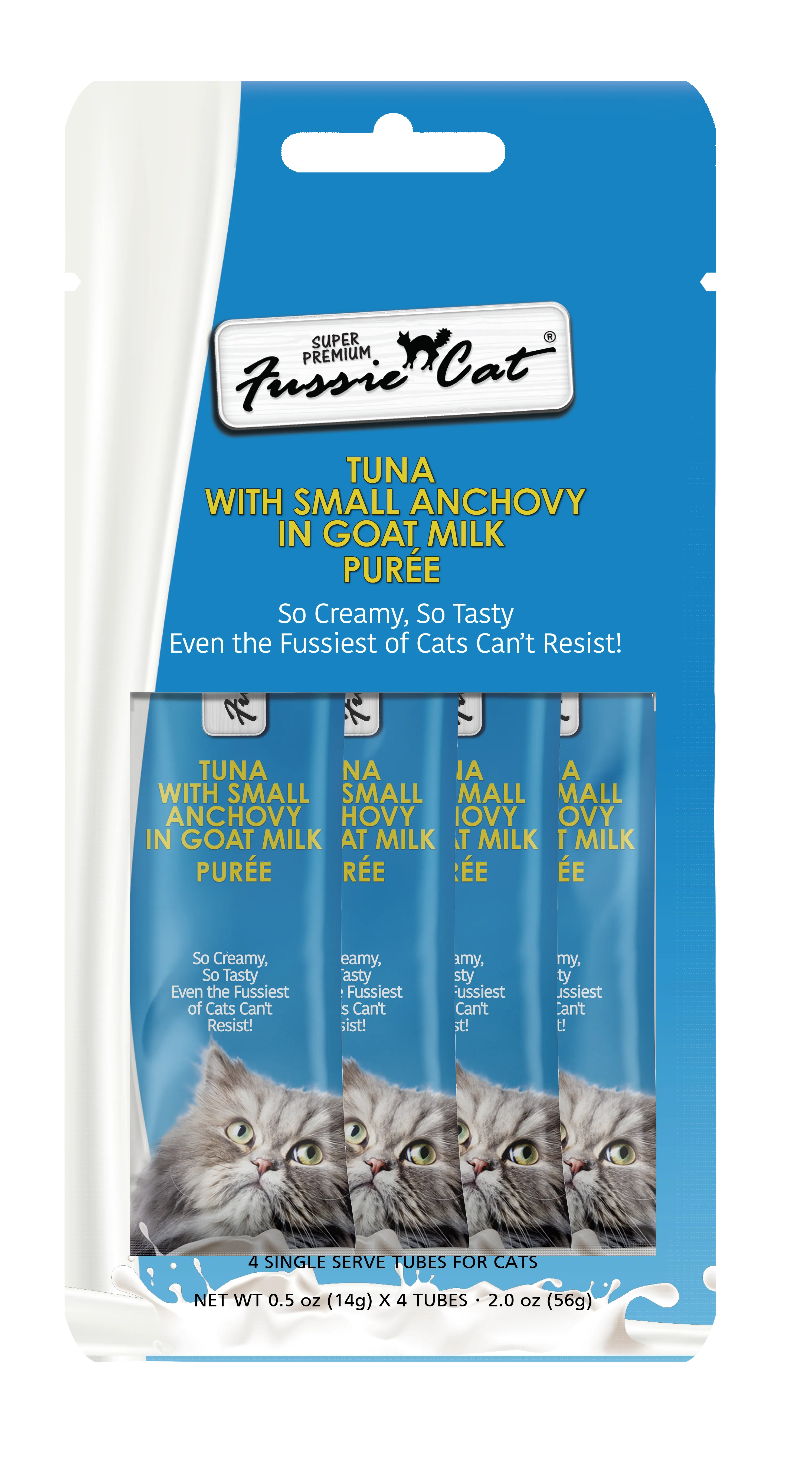 Fussie Cat Goat Milk Pure - Tuna with Small Anchovies 4pk 2oz Bag cat toys interactive cat toys cat teaser wand cat balls cat laser pointer