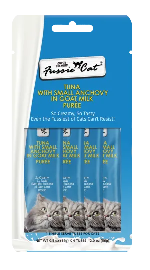 Fussie Cat Goat Milk Pure - Tuna with Small Anchovies 4pk 2oz Bag cat toys interactive cat toys cat teaser wand cat balls cat laser pointer