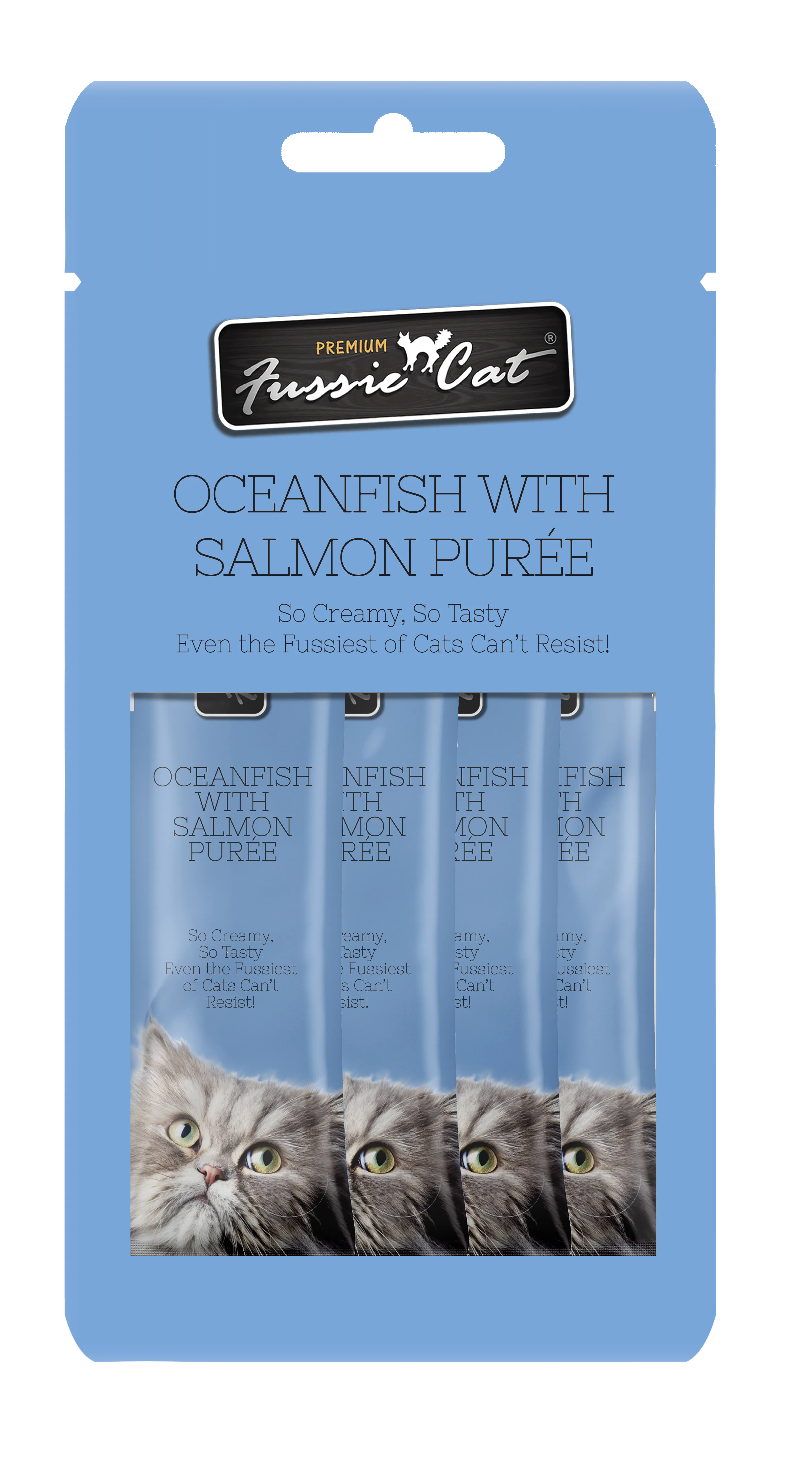 Fussie Cat Pure - Oceanfish with Salmon 4pk 2oz Bag cat toys interactive cat toys cat teaser wand cat balls cat laser pointer
