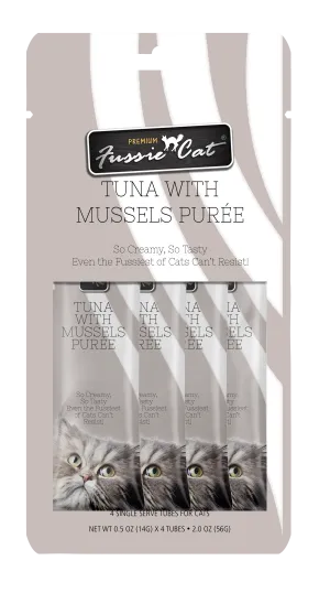 Fussie Cat Pure - Tuna with Mussels 4pk 2oz Bag cat toys interactive cat toys cat teaser wand cat balls cat laser pointer