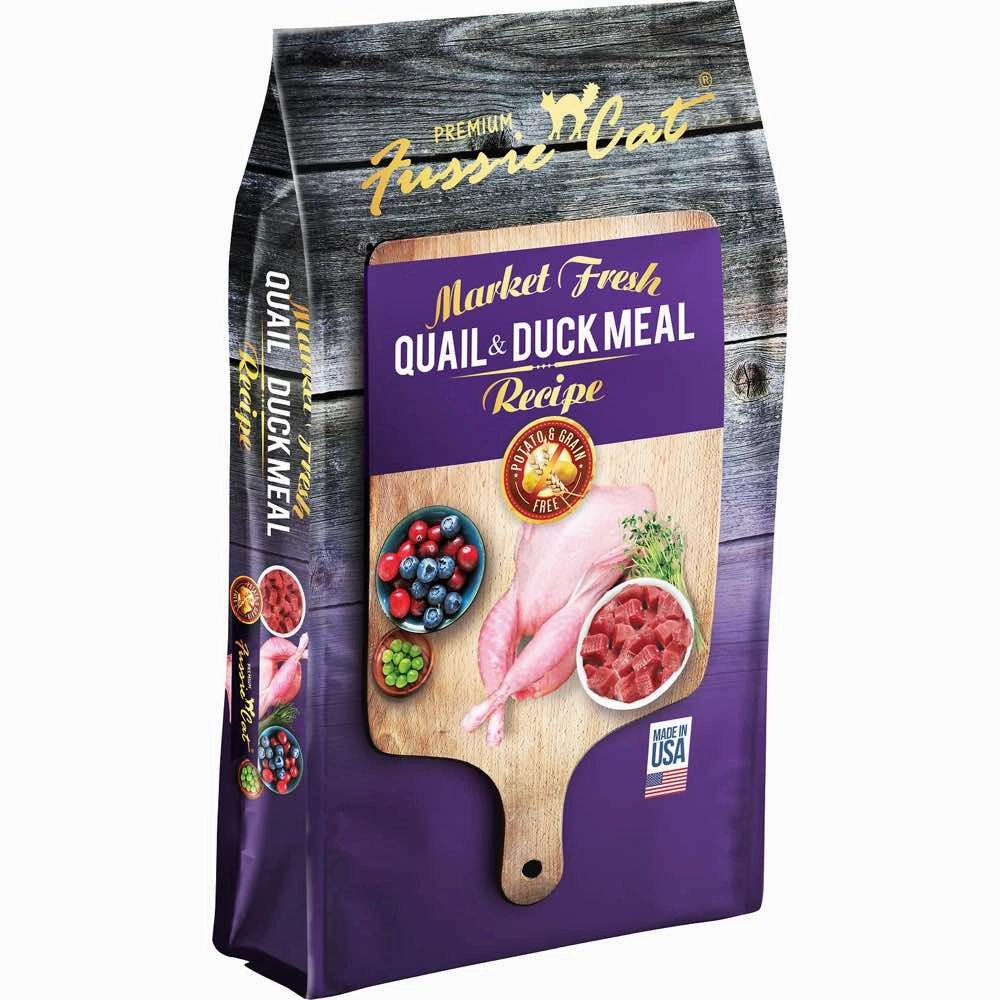 Fussie Cat Market Fresh Quail & Duck Meal Recipe Grain-Free Dry Cat Food cat snacks catnip treats healthy cat food cat reward treats low calorie cat food