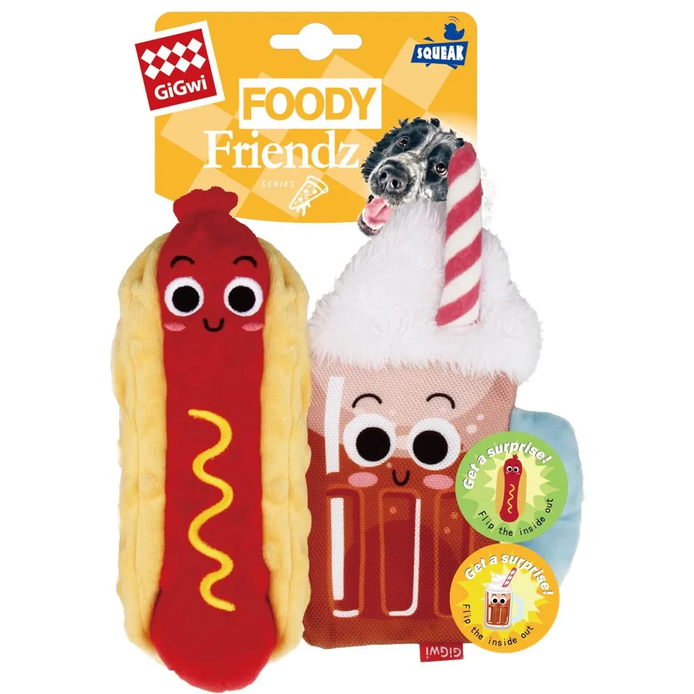GiGwi Foody Friendz Interactive Plush Dog Toy (Hot Dog & Root Beer Float) dog puzzle toy dog slow feeder dog treat ball dog brain toy dog feeder toy
