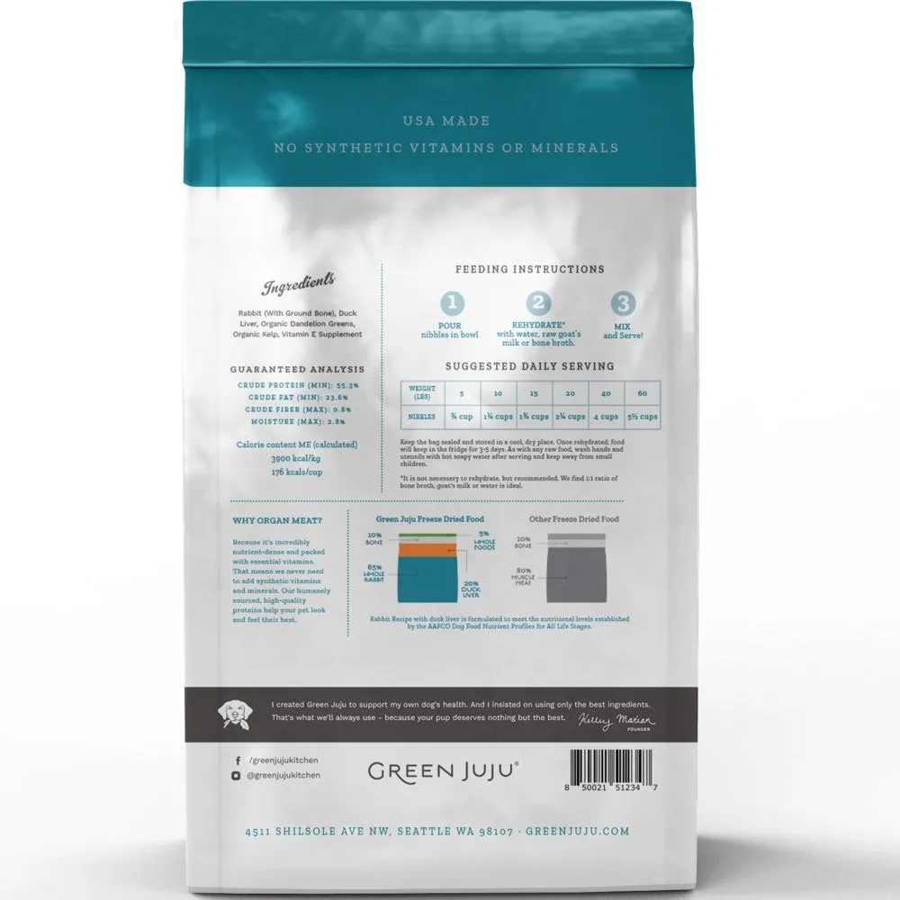 Green Juju Rabbit Recipe With Duck Liver Grain-Free Freeze-Dried Raw Dog Food 14oz