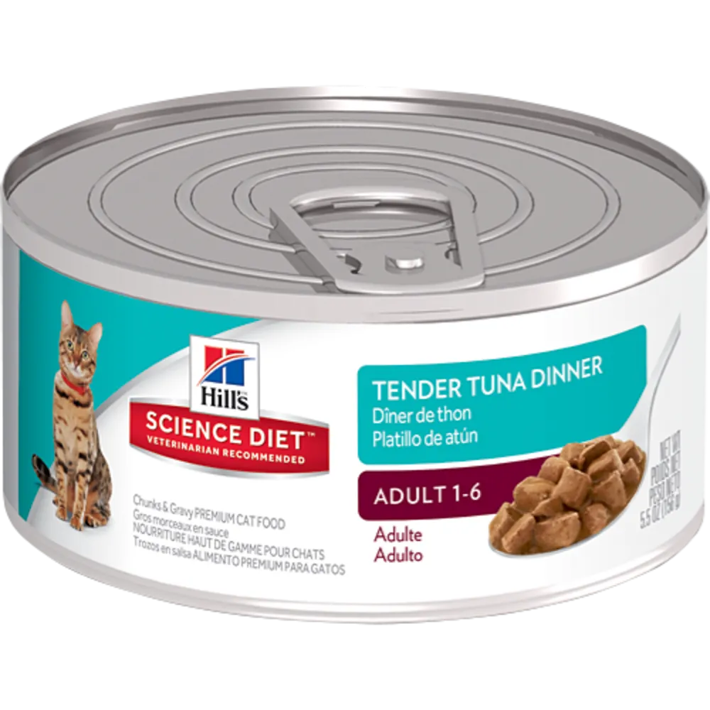 Hill's Science Diet Adult Tender Tuna Dinner Canned Cat Food cat calming diffuser cat stress relief anxiety cat treats cat relaxing spray pet mood aid