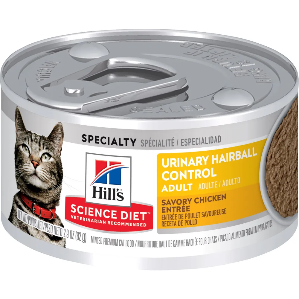 Hill's Science Diet Adult Urinary & Hairball Control Savory Chicken Canned Cat Food cat calming diffuser cat stress relief anxiety cat treats cat relaxing spray pet mood aid