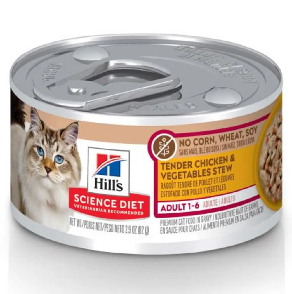 Hill's Science Diet Chicken & Vegetable Stew No Corn, Wheat, Soy Adult Wet Cat Food cat calming diffuser cat stress relief anxiety cat treats cat relaxing spray pet mood aid