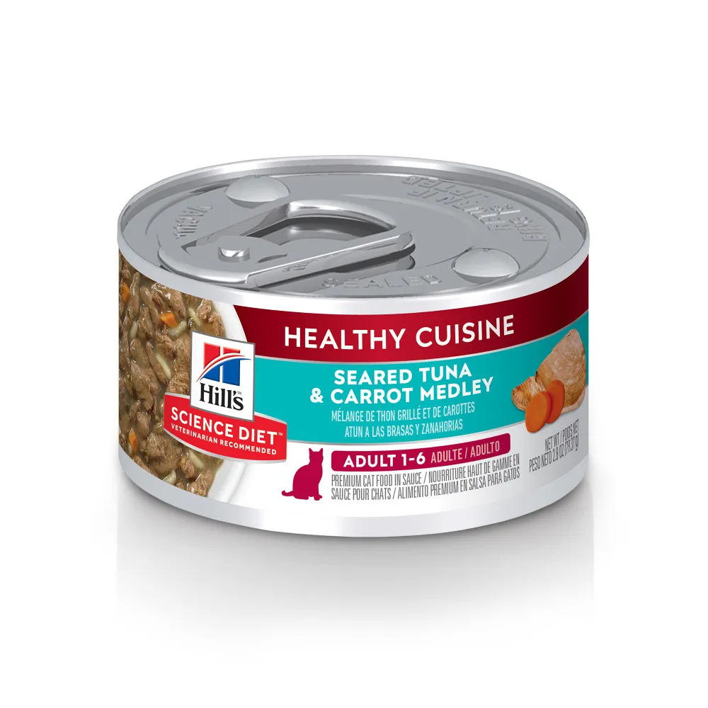 Hill's Science Diet Healthy Cuisine Adult Seared Tuna & Carrot Medley Canned Cat Food cat calming diffuser cat stress relief anxiety cat treats cat relaxing spray pet mood aid