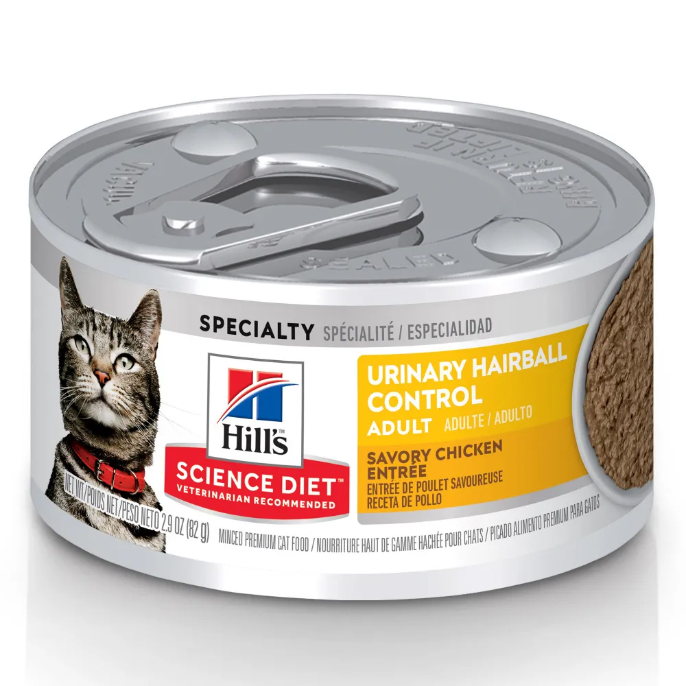 Hill's Science Diet Urinary & Hairball Control Savory Chicken Entree Adult Canned Cat Food cat calming diffuser cat stress relief anxiety cat treats cat relaxing spray pet mood aid