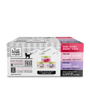 I and Love and You Beef, Right Meow!, Savory Salmon, and Purrky Turkey Pate Multi-Pack Canned Cat Food cat calming diffuser cat stress relief anxiety cat treats cat relaxing spray pet mood aid