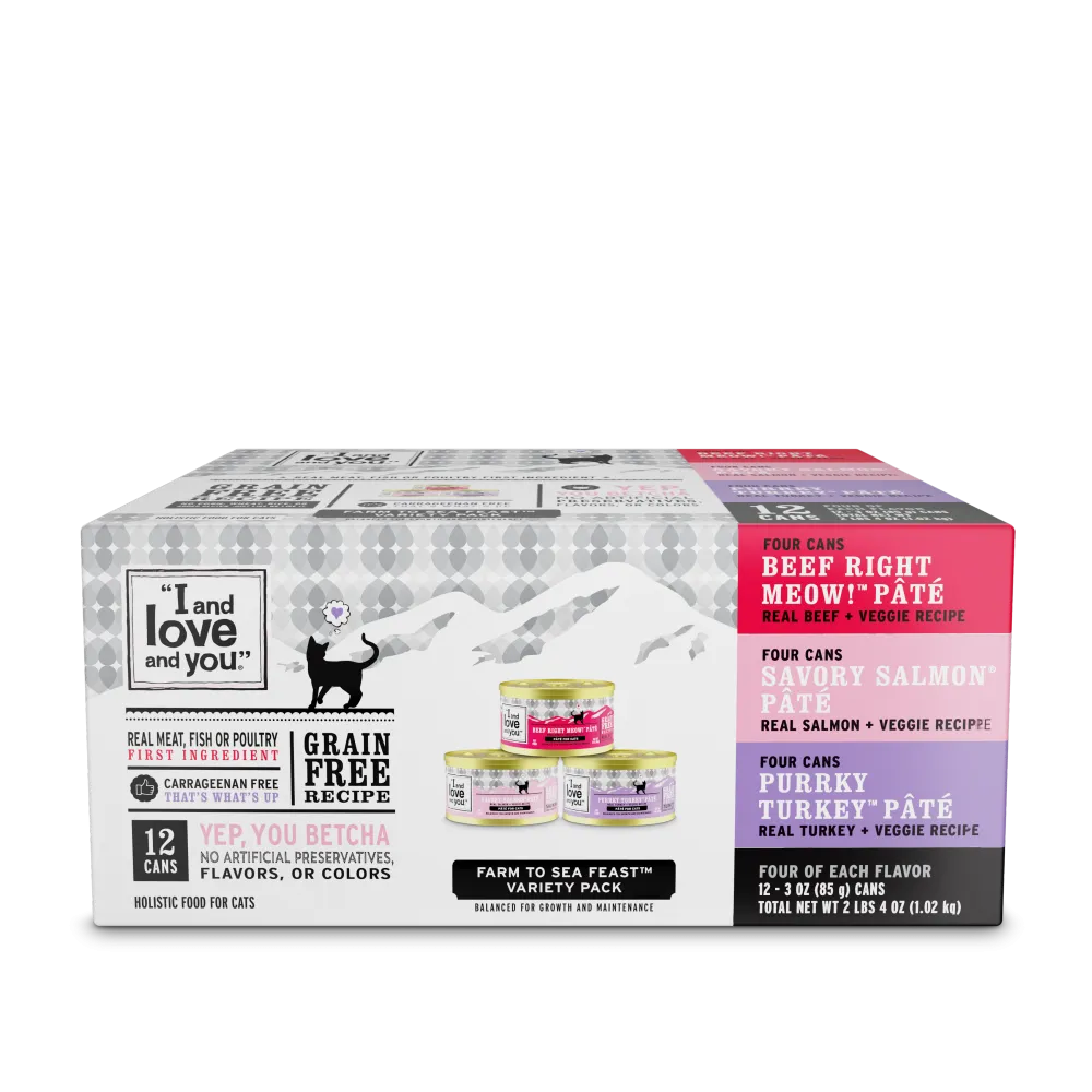 I and Love and You Beef, Right Meow!, Savory Salmon, and Purrky Turkey Pate Multi-Pack Canned Cat Food cat calming diffuser cat stress relief anxiety cat treats cat relaxing spray pet mood aid