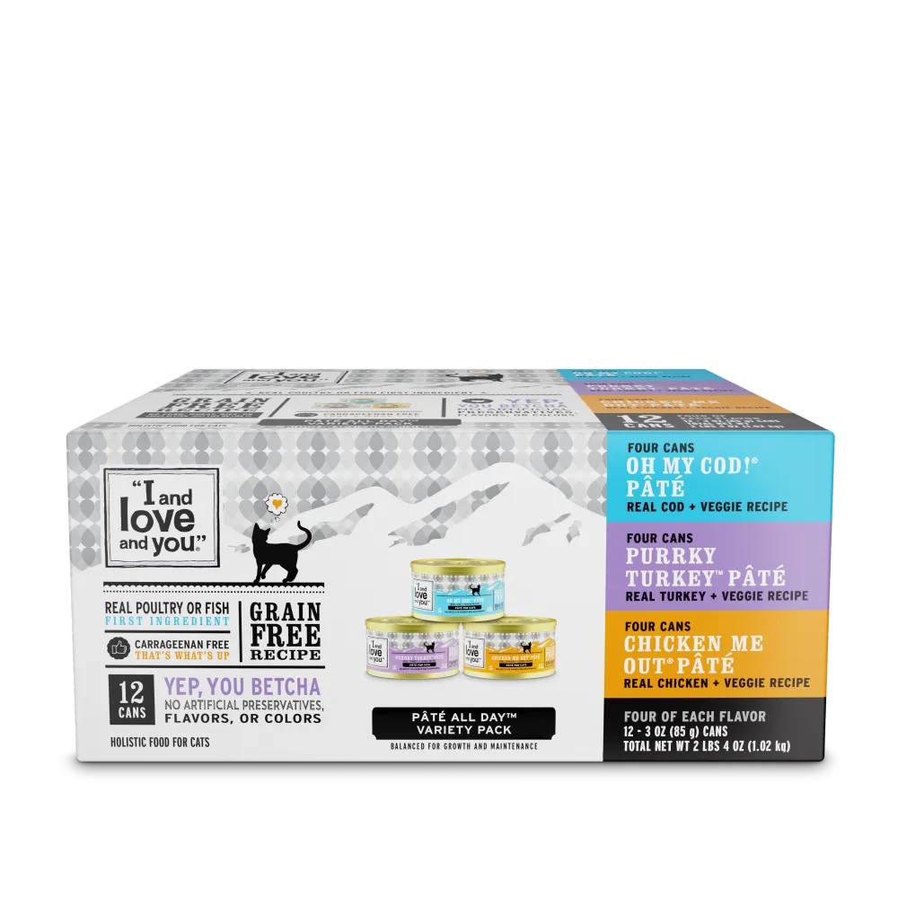 I and Love and You Grain Free Oh My Cod!, Purrkey Turkey, Chicken Me Out Multi-Pack Canned Cat Food cat calming diffuser cat stress relief anxiety cat treats cat relaxing spray pet mood aid